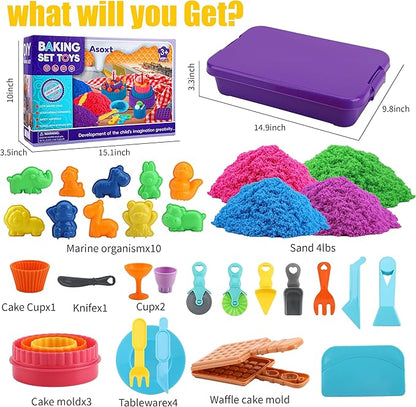 Asoxt Sensory Bin for Boy Girl Kid Toy - 43pcs Play Sand Art Kit with Sandbox, 4lb Color Sand, 17 Molds, Sensory Toy Birthday Gift for Girl Toddler Ages 3-8