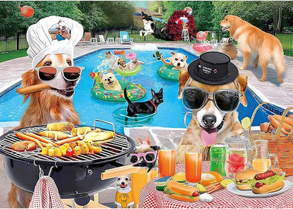 Dog Pool Party Puzzle for Adults 500 Piece Summer Funny Animal BBQ Jigsaw Puzzles with Letters on Back Unique Fun Family ChallengingPuzzles for Seniors Family (23"x15")