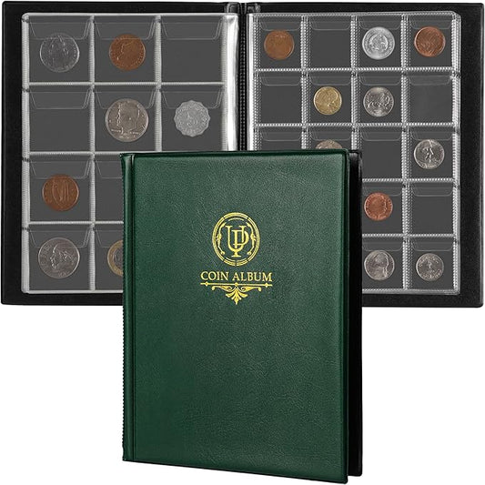 160 Pockets Coin Album - 10 Sheets Mixed Sizes Coin Holder 45x43/33x33 mm Collecting Grid for Pounds Pence Cents (Green) CS48160GR