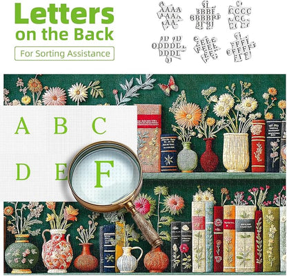 Blueforest 1000 Piece Jigsaw Puzzles for Adults, Unique 3D Embroidery-Style Floral & Vintage Bookshelf Art Puzzle, Challenging Fun Adult Puzzles for Relaxation 27.5x19.7 Inch