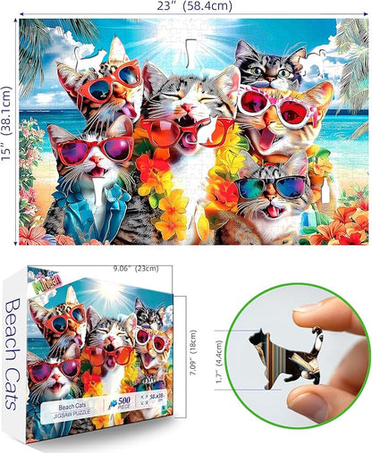 500 Piece Funny Cat Jigsaw Puzzle for Adults - 23x15 Inch Beach Party with Sunglasses & Leis, Unique Fun Puzzles for Home Decor & Gift