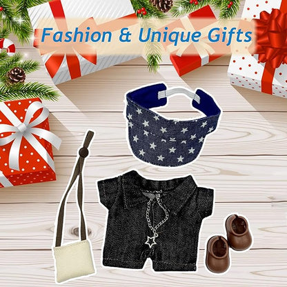 17cm Doll Clothes, Outfits Denim Jeans Set for 17cm Doll, 5 Piece Set Hat Shoes Clothing, Stylish Adorable Dolls Clothes Accessories (No Doll)