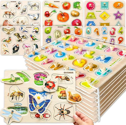 QUOKKA Wooden Puzzles for Toddlers 1-3 - 8 Montessori Toddler Puzzles Ages 2-4 in a Rack - Learning Alphabet Numbers Animals Toy for Kids 3-5 - Wood Games Gift for Boys and Girls