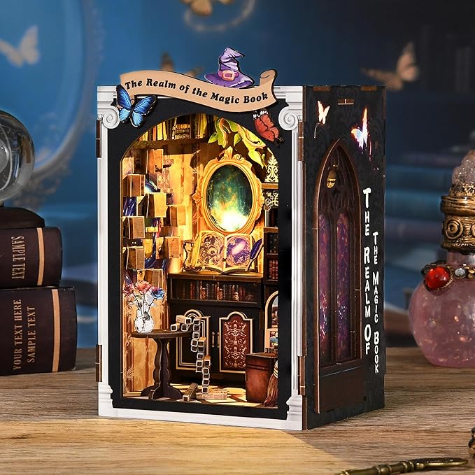 ISSEVE Book Nook Kit, DIY Miniature House Kit for Adults Teen Beginners, Dollhouse Mini Booknook Kits, Tiny House Bookshelf Decoration, 3D Wooden Puzzles Crafts Gifts (Magic Book House)
