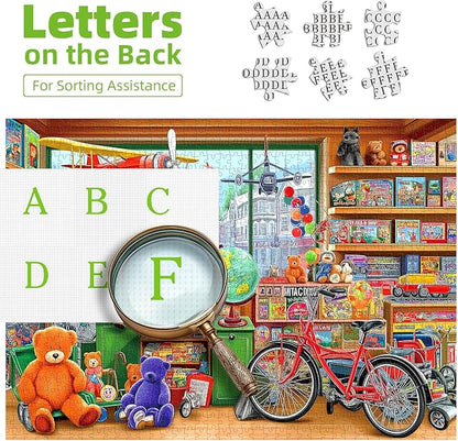 Fantasy Toy Store 500 Piece Jigsaw Puzzle for Adults Adventure Vintage Scene Shop Fun Puzzles with Letters on Back Bears Bicycles Unique Challenge Gift Toy for Family Seniors (23"X15")