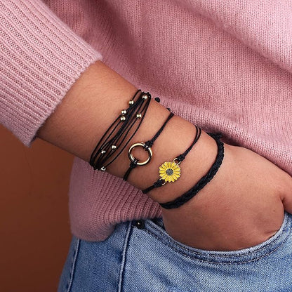 FANCY SHINY Sunflower String Bracelet Boho Braided Rope Wrap Bracelets Cute Summer Beach Surfer Jewelry for Women Christmas Gifts