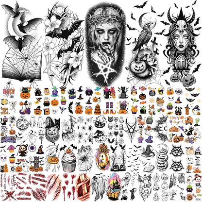 77 PCS Halloween Temporary Tattoos Adult Kids, 17 PCS Half Sleeve Pumpkin Bat Crow Witch Skull Fake Tattoos, 60 PCS Spider Cat Ghost Scar Tiny Realistic Face Body Tattoos Stickers