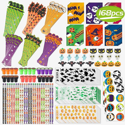 Shemira Halloween Party Favors for Kids,168pcs Halloween Stationery gift kit,Halloween Miniatures Prizes,Trick or Treating Goodie Bag Fillers including Notepad,Stamper,Sticker,Pencil,Eraser,Ruler