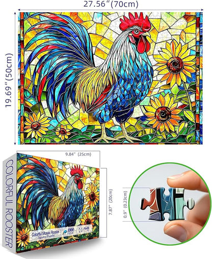 Stained Glass Rooster Puzzles for Adults 1000 Pieces Colorful Rooster Puzzle for Adults Mosaic Jigsaw Puzzles1000 Pieces with Letters on Back Hard Impossible Difficult Challenging Family Puzzle