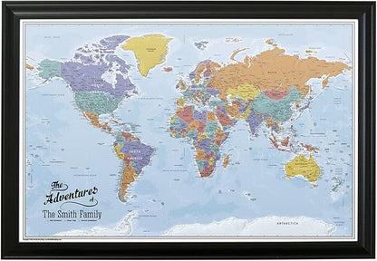 Personalized Canvas World Map Pin Board Wall Art with Pins – Large 24" x 36" Blue Oceans Map of the World with Black Frame – Push Pin Travel Decor for Home or Office