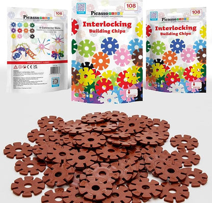 PicassoTiles Building Chip Interlocking Disc Construction Blocks in Brown Color STEM Learning Early Education Toy Engineering Playset Child Brain Development for Toddlers Girls Boys Kids Age 3+ PTF108