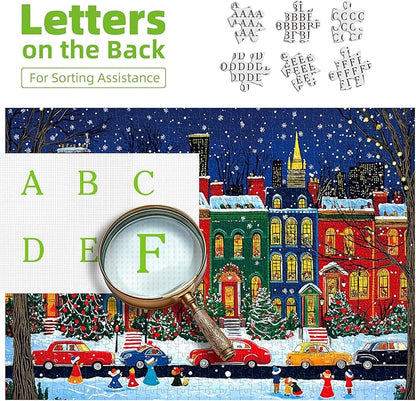 Vintage Winter Christmas City Jigsaw Puzzle 1000 Pieces for Adults with Back Letters - Snowy Nightscape with Santa Claus Trees Cars Family Challenge Gift Game Night Size (27.6x19.7) Inch