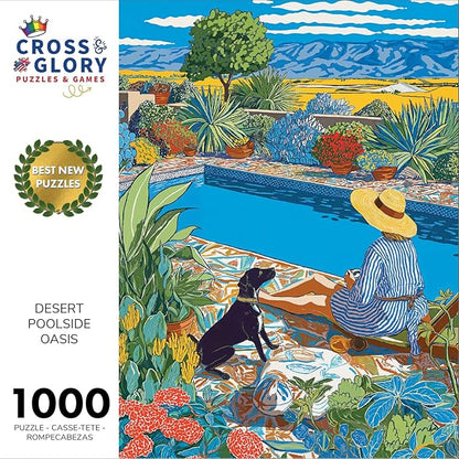 Cross & Glory - Desert Poolside Oasis - 1000 Piece Jigsaw Puzzle for Adults | Vibrant Desert Landscape and Pool Scene for Nature Lovers