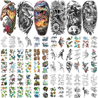 77PCS Dinosaur Temporary Tattoos for Kids Teens, 17PCS Half Sleeve Tyrannosaurus T-Rex Triceratops Pterosaur Kids Temporary Tattoos, 60PCS Raptor Fake Tattoos Stickers Cosplay Birthday Party Supplies