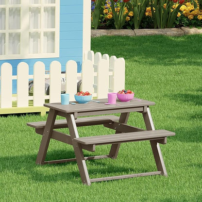 Costaelm Kids Picnic Table, HDPE All Weather Outdoor Toddler Picnic Table and Chair Set Kids Bench for Patio, Backyard, Garden, Lawn, Weathered Wood