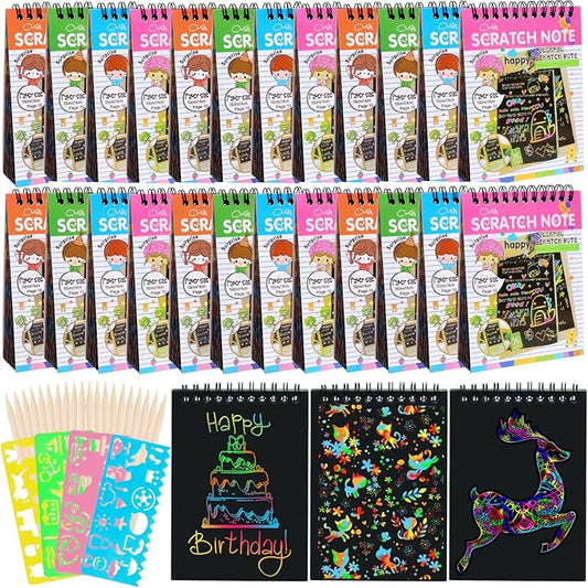 24 Pack Rainbow Scratch Notebook,Scratch Paper Art for Kids,Scratch Note Pads,Scratch Paper Rainbow Party Favors with 24 Wooden Stylus & 4 Drawing Stencil for Girls Boys Art Party Supplies