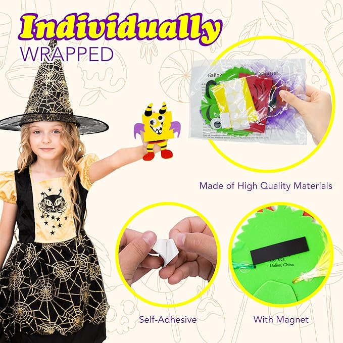 4E's Novelty Halloween Crafts for Kids (24 Pack) Bulk Silly Monster Crafts with Magnetic Foam Stickers, Make Your Own Monster Kit for Fall Halloween Classroom Party Activities