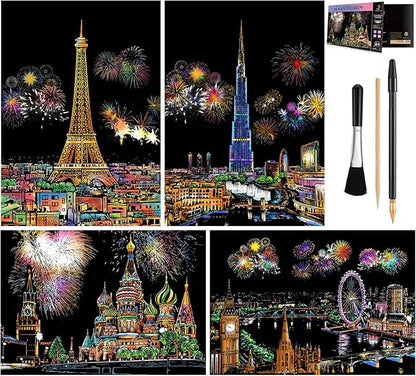 Rainbow Scratch Art Painting Paper (A4) for Adult & Kids, Night View Scratchboard, Engraving Art Set: 4 Sheets Scratch Cards & Clean Brush, Drawing Pen (Eiffel Tower/Big Ben/Moscow/Burj Khalifa)