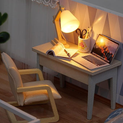 CUTEROOM DIY Miniature Dollhouse Kit with Furniture,Wooden Doll House Plus Music Movement & LED Lights, DIY House Kit for Christmas Birthday- Blue Times