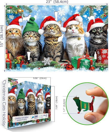 500 Piece Christmas Jigsaw Puzzle for Adults - Cute Cats in Santa Hats & Elf Hat with Unique Shaped Pieces, 23x15 Inch Holiday Puzzle for Home Decor