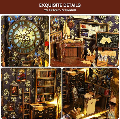 Book Nook Kit, DIY Dollhouse Booknook Bookshelf Insert Decor Alley, DIY Book Nook Miniature Kit with Lights, 3D Wooden Puzzle Decorative Bookend Miniature Model Kits for Adults