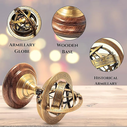 Antique Style Nautical Brass Armillary Sphere World Globe Astrolabe Mounted on Wooden Base - Perfect Decor Accent for Office