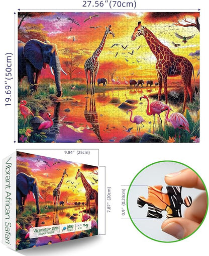 Animal Jigsaw Puzzles for Adults 1000 Pieces Nature Wildlife Scene with Elephants Lion Tiger Giraffes Flamingos Puzzle Family Challenging Funny Puzzle Perfect for Game Nights (27.5"X19.6")