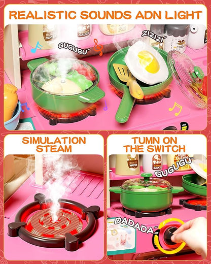 33.8IN Kids Kitchen Playset, 63 PCS Kid Play Kitchen with Realistic Lights & Sounds, Spray Sink Toy Kitchen Accessories, Pretend Food Toys Kitchen for Boys Girls Toddlers(Pink)