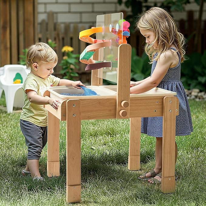 bopoobo Sand and Water Table for Toddlers, 4 in 1 Kids Wooden Sensory Activity Table with 2 Storage Bins, Painting Acrylic Board, Slide Track Toy & Windmill Suction Cups Toy, Beach Accessories