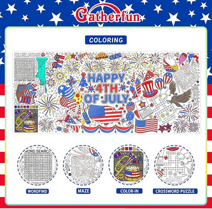 Gatherfun 4th of July Coloring Tablecloth | Patriotic Giant Poster 31.5x72 | Ideal for Independence Day Decor & Activities | American Flag-Themed for Classroom Wall or School Party Table Cover