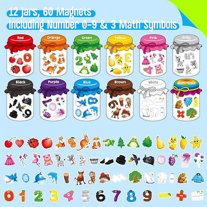 12 Pieces Magnetic Color Sorting Toys, 60 Color, Number & Math Symbol Magnets Early Educational Sorting Set for Refrigerator Whiteboard Baby Toddlers Kids