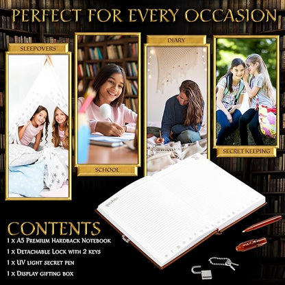 Harry Potter Lockable Diary with UV Invisible Ink Pen for Kids, Teens, Secret Journal with Key, Lined Pages, Stationery Supplies, Gifts for Kids (Brown UV Pen)