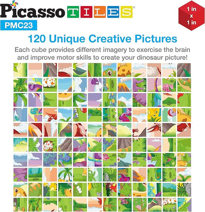 PicassoTiles Magnetic Cube Puzzle 6-in-1 Dinosaur Theme Pattern Magnet Brain Teaser Building Cubes 120 Pictures Toy Set Kids Ages 3 & Up Preschool Children Promote Problem Solving Skills PMC23