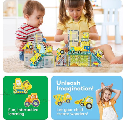 PicassoTiles Magnet Tiles Magnetic Building Blocks with 8 Construction Vehicles Crank Truck Excavator Bulldozer Road Roller Concrete Mixer Tractor Dump Truck Forklift Toys Learning Kids Ages 3+ PTQ11