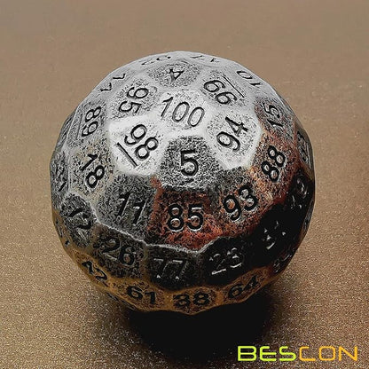 Bescon Solid Metal 100 Sided Dice, Game Dice D100, Giant Polyhedral Metal 100 Sides Dice 50MM in Diameter (1.97in), Ancient Silver
