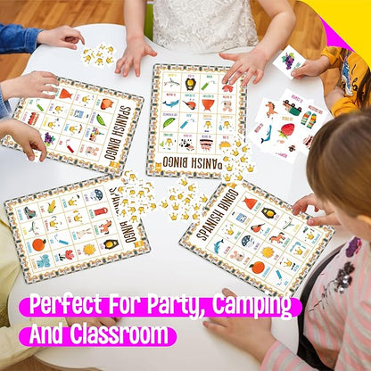 Spanish Bingo Game, 25 Boards for Spanish Vocabulary Bilingual Word Bingo Game Educational Toys for Language Learning - Ages 5 and up (Up to 25 Players)