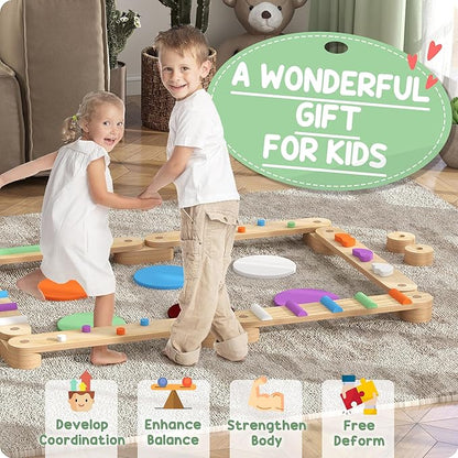 Qaba Kids Balance Beam, Wooden Balance Board with Stepping Stones, Gymnastics Obstacle Course for Toddlers 3-8 Years for Motor Skills Coordination, Indoor Outdoor Use