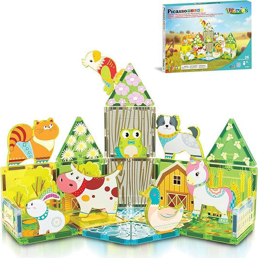 PicassoTiles 26pcs Magnetic Tiles Magnet Tile Building Blocks Printed Fall Farm Themed Animal Toy Set with 8 Farmyard Animals Character Action Figures STEM Learning Playset for Kids, Ages 3+ PTQ27