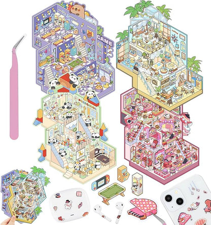 DIY 3D House Stickers, 4 Sets Fun DIY Stickers Scene Make Your Own Mini House Cute Cartoon Animal Scene Stickers for Kids Adult Sticker Art Relief Stress Pass The Time-Large Size
