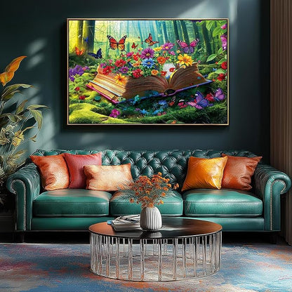 Vibrant Flowers Book 500 Piece Jigsaw Puzzle for Adults Magical Forest Scene Enchanted Garden & Butterflies Funny Colorful Challenging 500-Piece Puzzle for Family Game Night(23"x15")