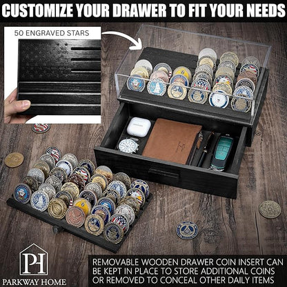 Black Military Challenge Coins Display Holder with American Flag,Solid Wood Challenge Coin Stand with Drawer,Challenge Coin Display Case for Collector, Military Coin Holder Rack for Desk