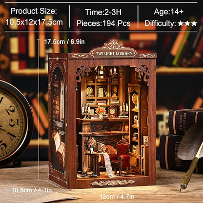 ISSEVE Book Nook Kit, DIY Miniature House Kit for Adults Teen Beginners, Dollhouse Mini Booknook Kits, Tiny House Bookshelf Decoration, 3D Wooden Puzzles Crafts Gifts (Twilight Library)