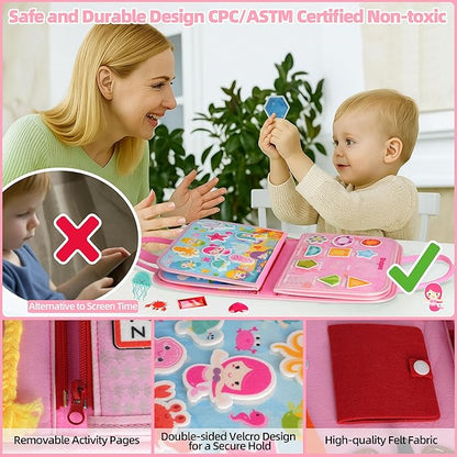 Toddler Busy Board Montessori Toys for 3 Year Old Birthday Gifts for Kids 10 Pages in 1 Soft Felt Activity Book Develop Fine Skills Educational Learning Sensory Travel Toys for Airplane Car