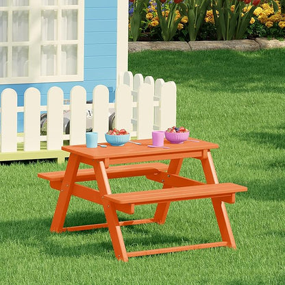 Costaelm Kids Picnic Table, HDPE All Weather Outdoor Toddler Picnic Table and Chair Set Kids Bench for Patio, Backyard, Garden, Lawn, Orange
