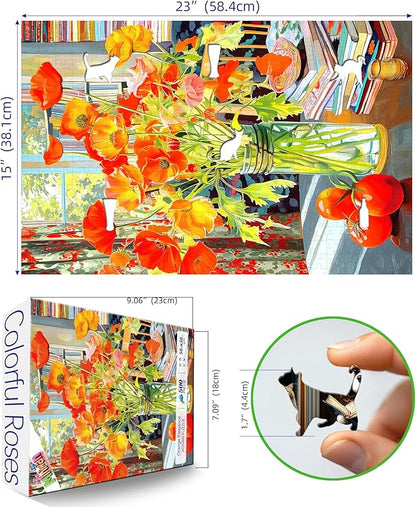 500 Piece Jigsaw Puzzle for Adults Orange Floral Art Premium 15"x23" Beautiful Flowers Large Piece Puzzle with Books Tomatoes Still Life Challenging Gift for Women, Men, Puzzle Lovers