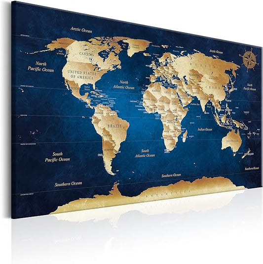 artgeist Pinboard World Map 35x24 in - Cork Board & Canvas Print Wall Art 1 pcs Memoboard with 50 Pins Noticeboard Message Board Image Picture Home Decor Travel Map k-A-0107-p-a