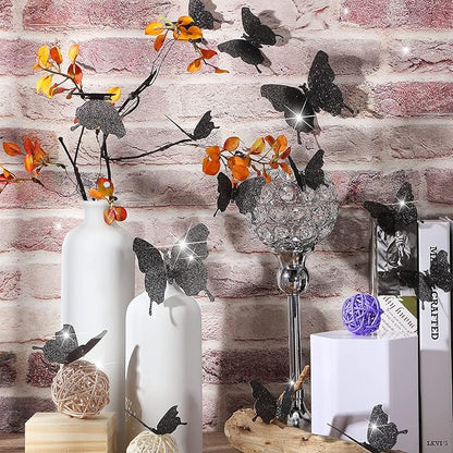 BBTO 48 Pieces Butterfly Wall Decor DIY Mirror 3D Butterfly Stickers Removable Decals for Home Bedroom School Bathroom Living Room Decor(Glitter Black)