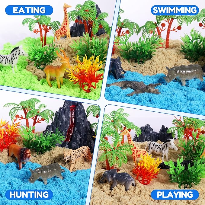 Billeeit Animal Sensory Bin Sand Toy, Play Sand Kit w/lid and 2.2lbs Magic Sand, Molds, Tools, Map Set 35pcs Total, Fun Gift for Kids 3+