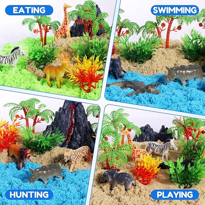 Billeeit Animal Sensory Bin Sand Toy, Play Sand Kit w/lid and 2.2lbs Magic Sand, Molds, Tools, Map Set 35pcs Total, Fun Gift for Kids 3+