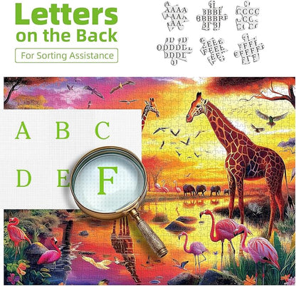 Animal Jigsaw Puzzles for Adults 1000 Pieces Nature Wildlife Scene with Elephants Lion Tiger Giraffes Flamingos Puzzle Family Challenging Funny Puzzle Perfect for Game Nights (27.5"X19.6")